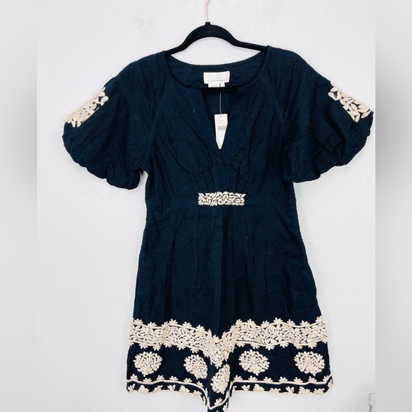 Anthropologie Orla Embroidered Motif Black Bubble sleeves Mini Dress - Picture 2 of 6